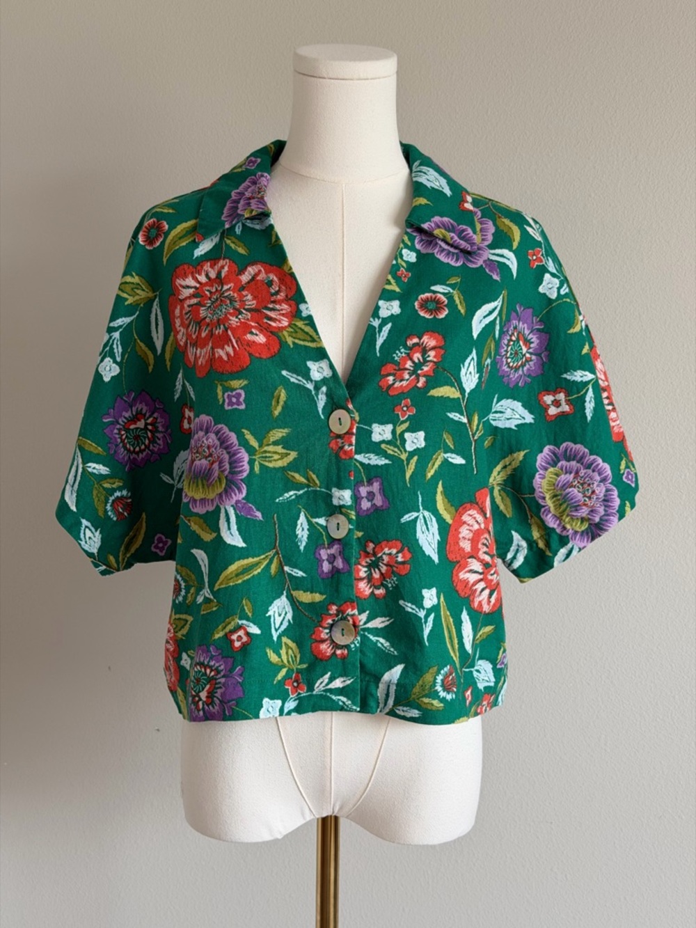 Marc New York Green Floral Linen Blend Cropped Button Down Shirt-M Cottagecore
